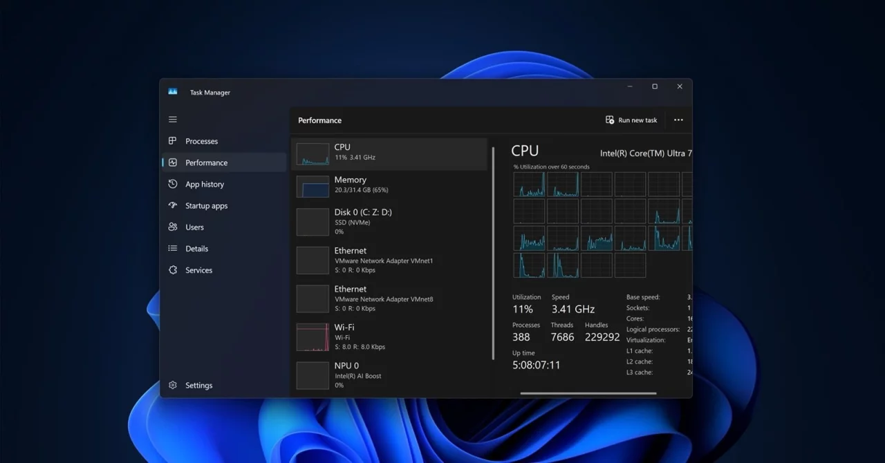 Microsoft изменяет способ расчёта нагрузки на ЦП в Диспетчере задач Windows 11