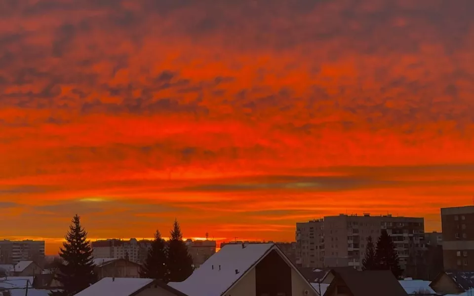 Впечатляющий алый рассвет встретили жители Барнаула. Фото