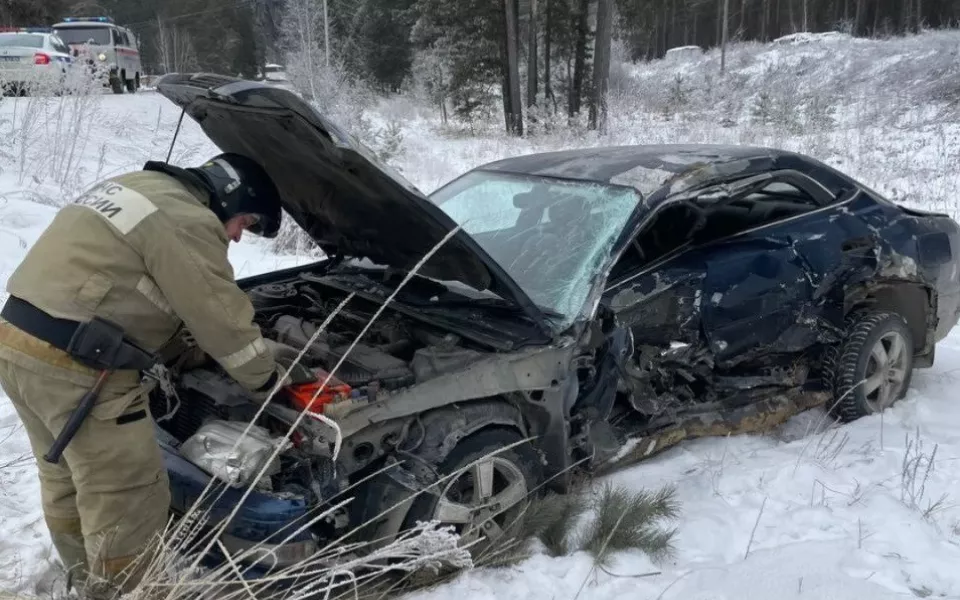 В селе Республики Алтай автомобиль съехал с дороги и серьезно помялся