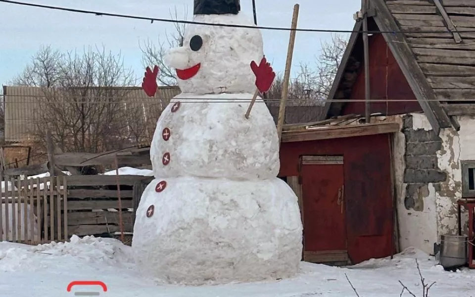 Алтайские сельчане слепили трехметрового снеговика. Фото