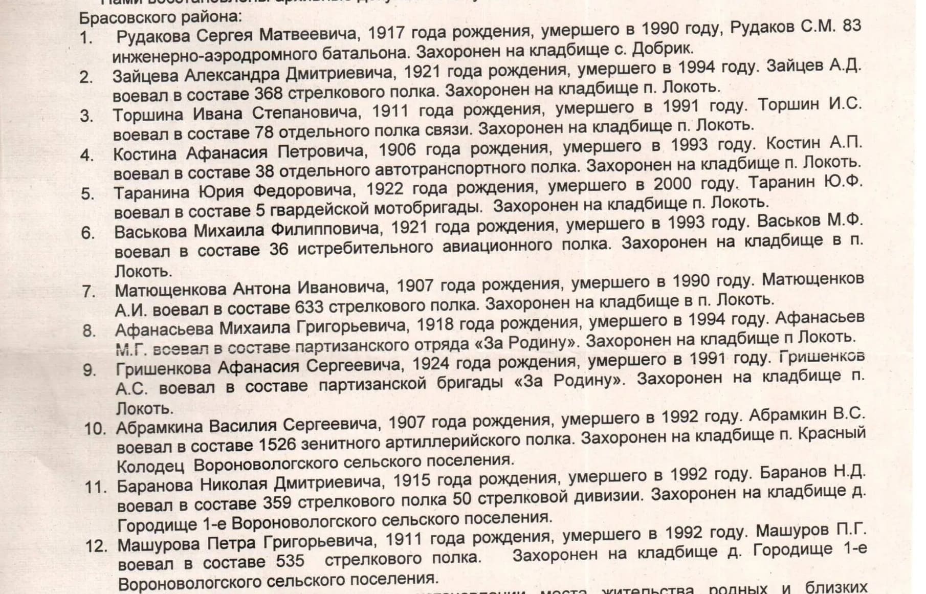 В Брасовском районе начали поиск родственников 14 участников Великой Отечественной