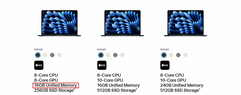 Apple наконец-то полностью отказалась от 8 ГБ ОЗУ в своих компьютерах. MacBook Air теперь предлагают минимум 16 ГБ, причём по тем же стартовым ценам