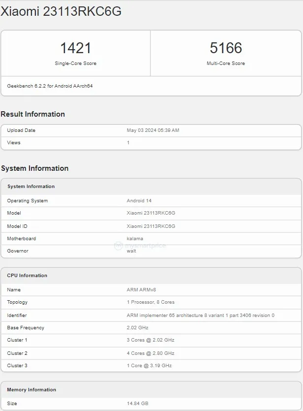 POCO F6 Pro появился в Geekbench с Snapdragon 8 Gen 2 и 16 ГБ ОЗУ