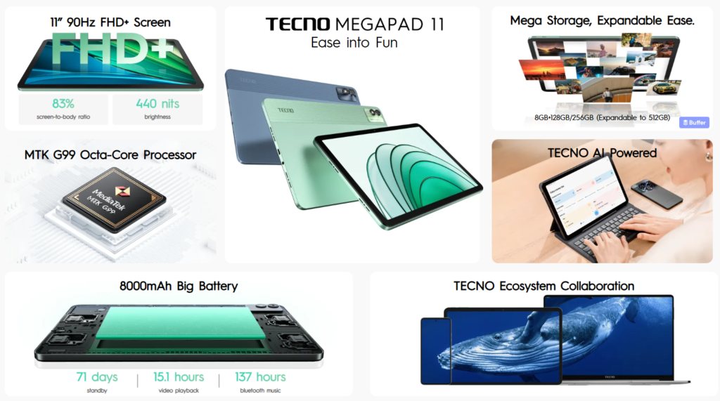 Представлен планшет Tecno Megapad 11 с ИИ на базе MediaTek Helio G99