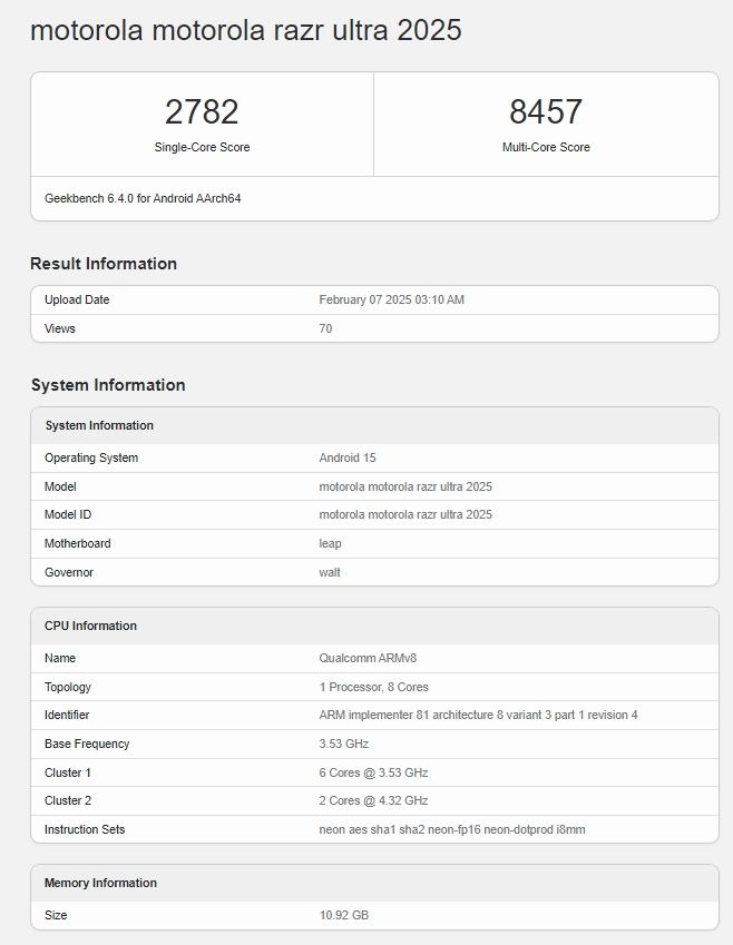 Motorola Razr Ultra 2025 замечен в тестах Geekbench