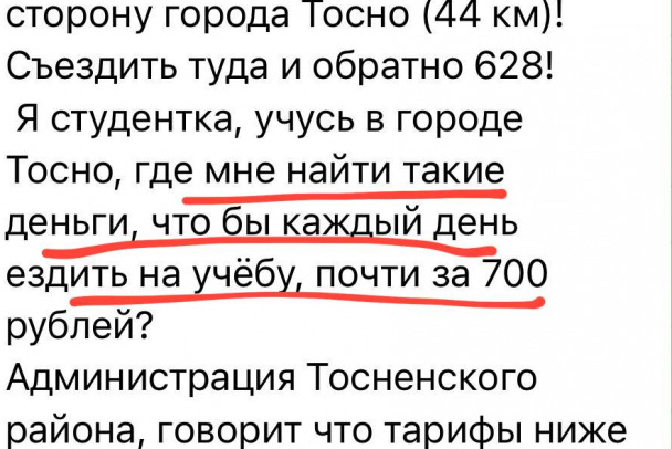 «Ездить на учебу почти за 700 рублей». Подорожание проезда в Тосненском районе дошло до Екатерины Мизулиной