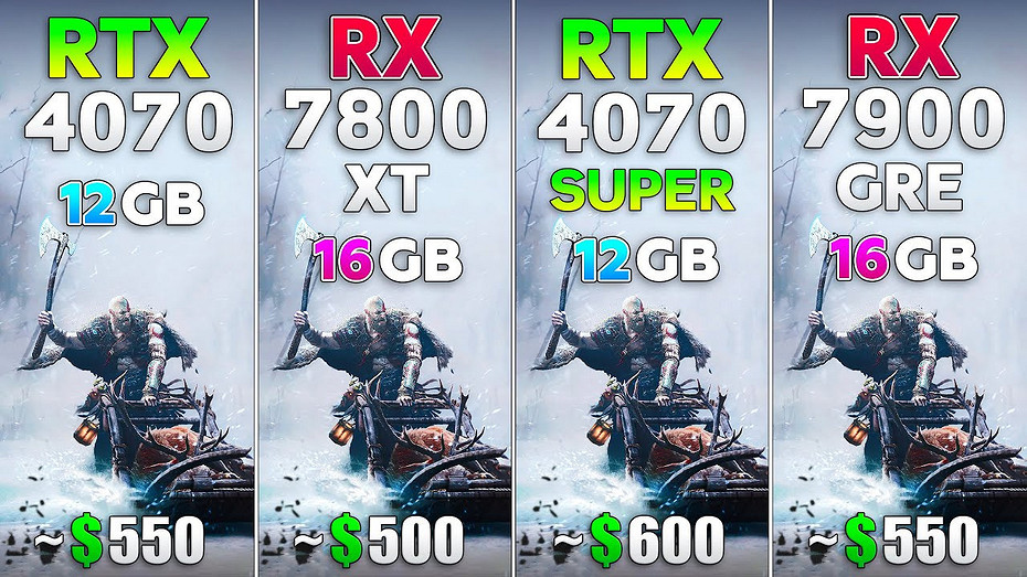 Видеокарты GeForce RTX 4070, RTX 4070 SUPER, Radeon RX 7800 XT и RX 7900 GRE сравнили в играх