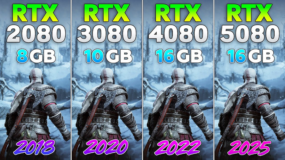 Эксперт сравнил видеокарты GeForce RTX 2080, RTX 3080, RTX 4080 и RTX 5080 в 9 играх в 2K