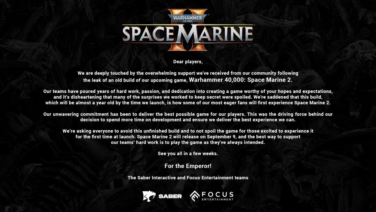 Разработчики экшена Space Marine 2 заявили, что попавшая в свободный доступ сборка является неполной