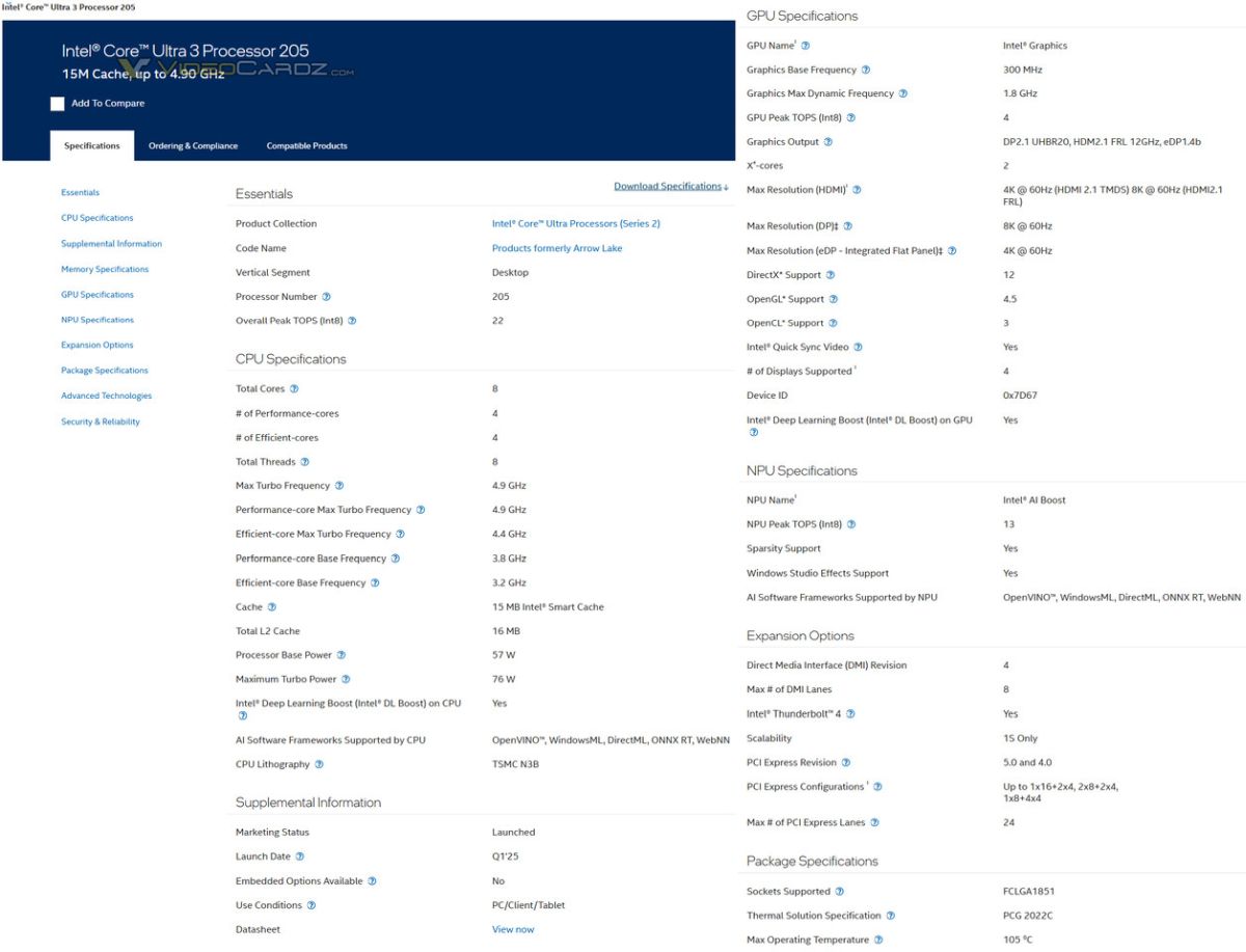 В сеть попали технические характеристики процессора Intel Core Ultra 3 205