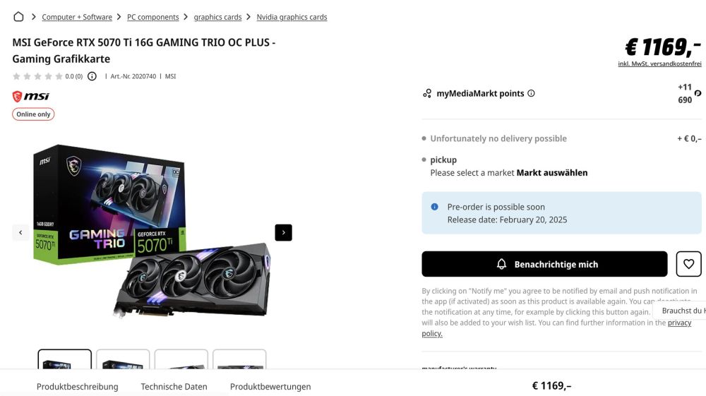 Австрийский продавец оценил видеокарту MSI RTX 5070 Ti Gaming Trio в 1169 евро