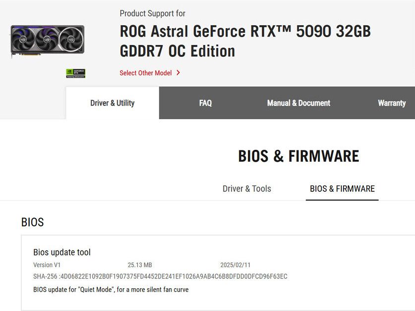 С новым BIOS видеокарты ASUS ROG Astral GeForce RTX 5090 и RTX 5080 OC Edition работают тише