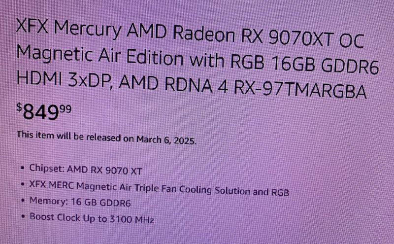 Видеокарта XFX Radeon RX 9070 XT OC поступит в продажу 6 марта, устройство оценили в 849$