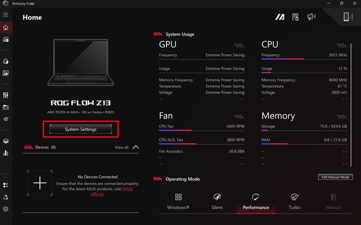 Как распределить доступную память игрового планшета ASUS ROG Flow Z13 2025?