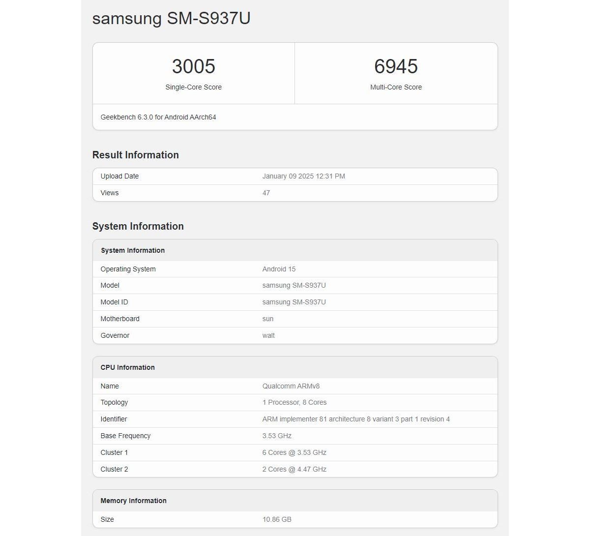 Samsung Galaxy S25 Slim прошёл тестирование в Geekbench