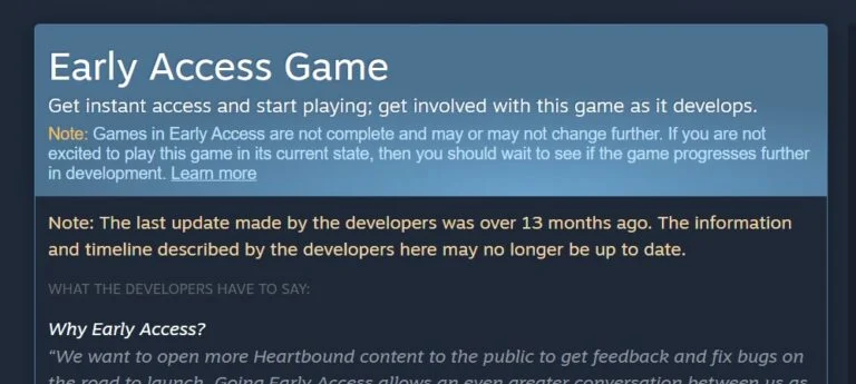 Steam предупреждает пользователей об отсутствии обновлений игр в раннем доступе