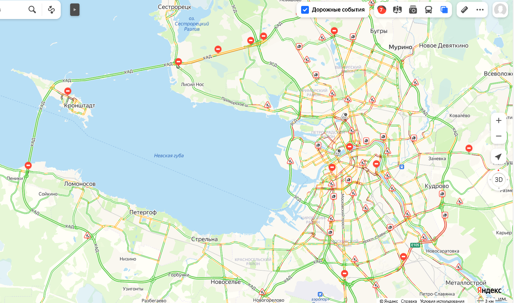 Юго-восток Петербурга замер в пробках. На дорогах города плотнее обычного